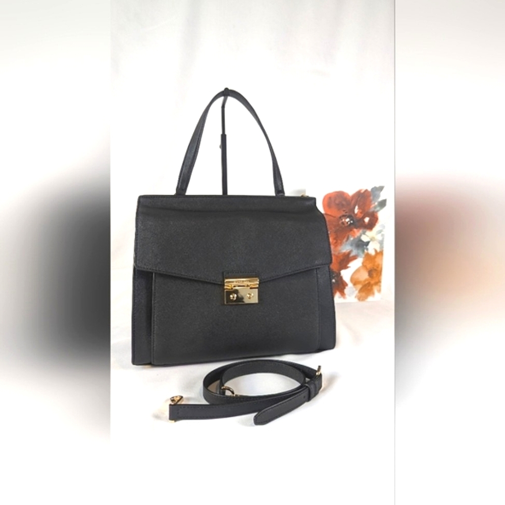 Michael Kors Essex Satchel Black Saffiano Leather Laptop Bag Briefcase Crossbody - Picture 1 of 16